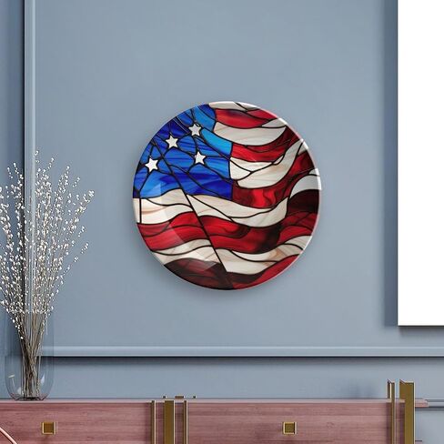 Decorative Plates for Home Decor, Blue Red USA Flag Stained Glass Painting Decor Tray for Table Display, Ceramic Dinner Plate W/ Stand, Living Room Dining Room Decor, Gifts for Patriotic, 7 Inch in Kuwait
