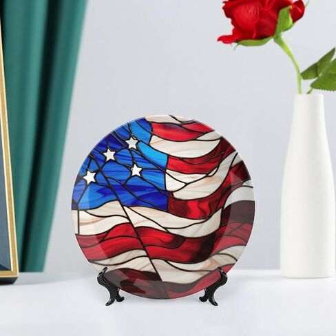 Decorative Plates for Home Decor, Blue Red USA Flag Stained Glass Painting Decor Tray for Table Display, Ceramic Dinner Plate W/ Stand, Living Room Dining Room Decor, Gifts for Patriotic, 7 Inch in Kuwait