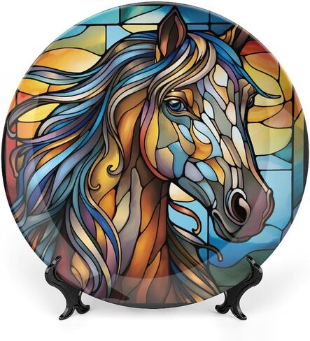 Decorative Plates for Home Decor, Blue Red USA Flag Stained Glass Painting Decor Tray for Table Display, Ceramic Dinner Plate W/ Stand, Living Room Dining Room Decor, Gifts for Patriotic, 7 Inch in Kuwait