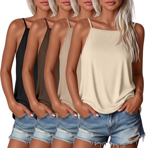 Huukeay 4 Pack Women's Square Neck Camisole Spaghetti Strap Tank Tops Halter Sleeveless Cami Summer Basic Casual Shirts in Kuwait