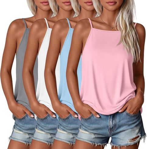 Huukeay 4 Pack Women's Square Neck Camisole Spaghetti Strap Tank Tops Halter Sleeveless Cami Summer Basic Casual Shirts in Kuwait