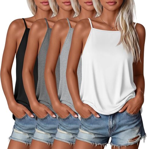Huukeay 4 Pack Women's Square Neck Camisole Spaghetti Strap Tank Tops Halter Sleeveless Cami Summer Basic Casual Shirts in Kuwait