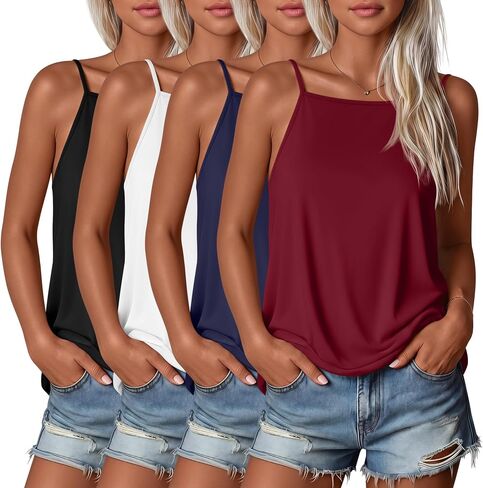 Huukeay 4 Pack Women's Square Neck Camisole Spaghetti Strap Tank Tops Halter Sleeveless Cami Summer Basic Casual Shirts in Kuwait
