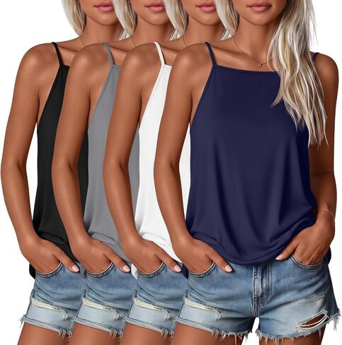 Huukeay 4 Pack Women's Square Neck Camisole Spaghetti Strap Tank Tops Halter Sleeveless Cami Summer Basic Casual Shirts in Kuwait