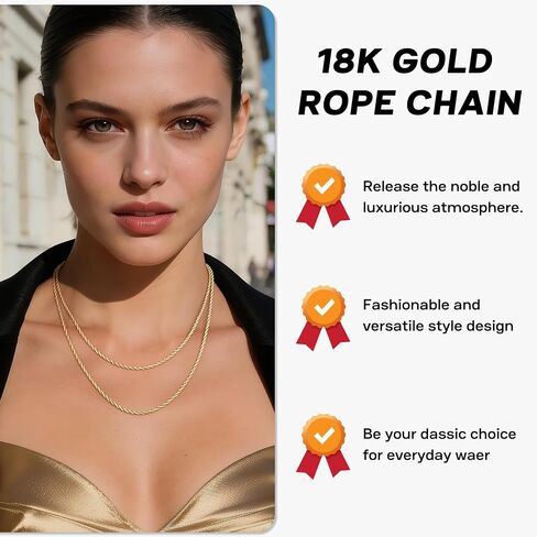 18k Gold or S925 Sterling Silver Rope Chain Necklace for Women, 2mm Womens Rope Necklace, Sturdy, Not Easy to Fade, Hypoallergenic 16-26 Inches in Kuwait
