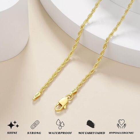 18k Gold or S925 Sterling Silver Rope Chain Necklace for Women, 2mm Womens Rope Necklace, Sturdy, Not Easy to Fade, Hypoallergenic 16-26 Inches in Kuwait