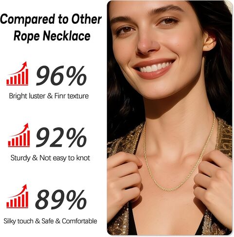 18k Gold or S925 Sterling Silver Rope Chain Necklace for Women, 2mm Womens Rope Necklace, Sturdy, Not Easy to Fade, Hypoallergenic 16-26 Inches in Kuwait