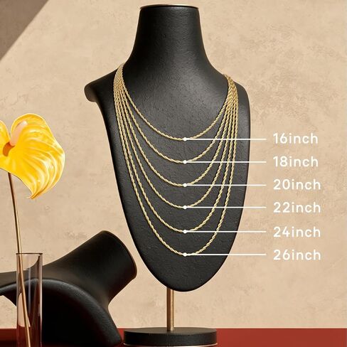 18k Gold or S925 Sterling Silver Rope Chain Necklace for Women, 2mm Womens Rope Necklace, Sturdy, Not Easy to Fade, Hypoallergenic 16-26 Inches in Kuwait