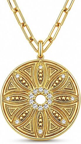 G&C Designs Gold Sunburst/Lotus Pendant Necklace for Women – 30" Long Paperclip Chain, 14K Gold Plated, CZ Medallion Statement Necklace, Layering Jewelry Gift for Her in Saudi Arabia