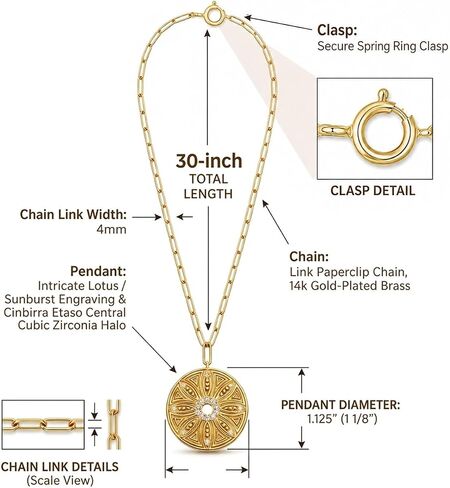 G&C Designs Gold Sunburst/Lotus Pendant Necklace for Women – 30" Long Paperclip Chain, 14K Gold Plated, CZ Medallion Statement Necklace, Layering Jewelry Gift for Her in Saudi Arabia