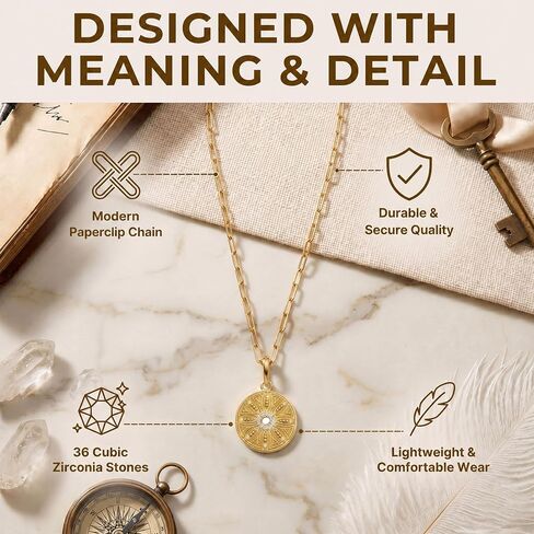 G&C Designs Gold Sunburst/Lotus Pendant Necklace for Women – 30" Long Paperclip Chain, 14K Gold Plated, CZ Medallion Statement Necklace, Layering Jewelry Gift for Her in Saudi Arabia