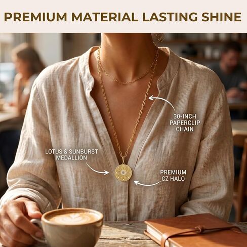 G&C Designs Gold Sunburst/Lotus Pendant Necklace for Women – 30" Long Paperclip Chain, 14K Gold Plated, CZ Medallion Statement Necklace, Layering Jewelry Gift for Her in Saudi Arabia