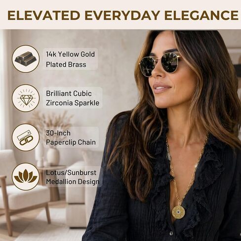 G&C Designs Gold Sunburst/Lotus Pendant Necklace for Women – 30" Long Paperclip Chain, 14K Gold Plated, CZ Medallion Statement Necklace, Layering Jewelry Gift for Her in Saudi Arabia