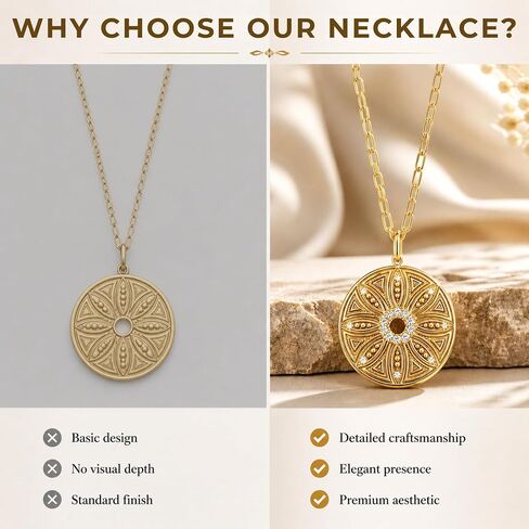 G&C Designs Gold Sunburst/Lotus Pendant Necklace for Women – 30" Long Paperclip Chain, 14K Gold Plated, CZ Medallion Statement Necklace, Layering Jewelry Gift for Her in Saudi Arabia