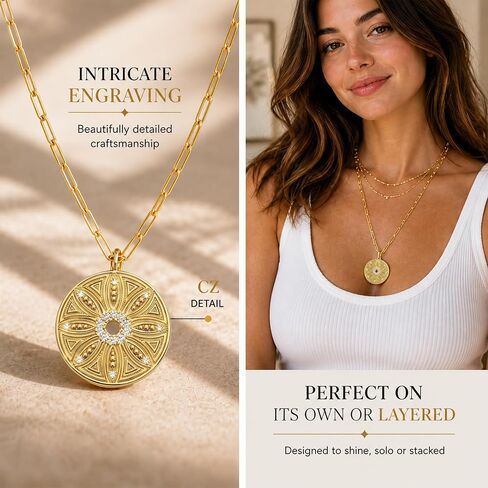 G&C Designs Gold Sunburst/Lotus Pendant Necklace for Women – 30" Long Paperclip Chain, 14K Gold Plated, CZ Medallion Statement Necklace, Layering Jewelry Gift for Her in Saudi Arabia