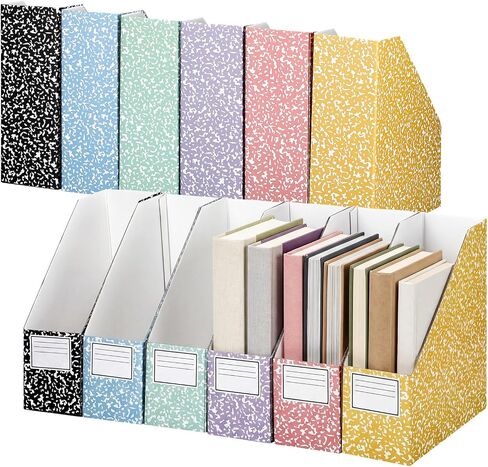 6 Pcs Composition Book Cardboard Magazine Holders Set 9.8 x 3.7 x 11.2 Inch Decorative File Folders Organizer with 6 Printable Labels Vertical Book Storage Boxes for Home Office Desk in Kuwait