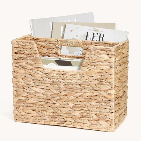 Water Hyacinth Magazine Basket, Dual Compartment Storage Basket with Handle, Natural Fiber Wicker Storage Baskets for Shelves Home Organization & Office Organizer in Saudi Arabia