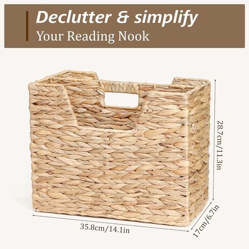 Water Hyacinth Magazine Basket, Dual Compartment Storage Basket with Handle, Natural Fiber Wicker Storage Baskets for Shelves Home Organization & Office Organizer in Saudi Arabia