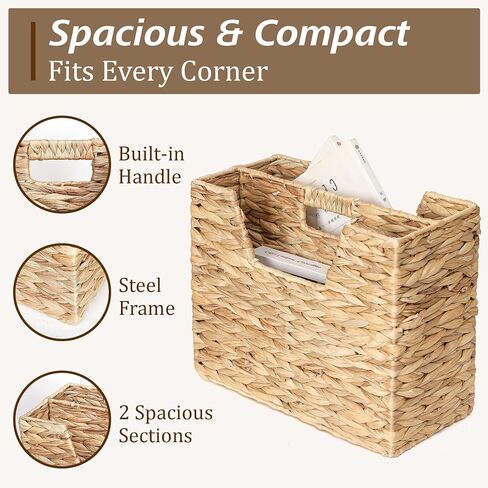 Water Hyacinth Magazine Basket, Dual Compartment Storage Basket with Handle, Natural Fiber Wicker Storage Baskets for Shelves Home Organization & Office Organizer in Saudi Arabia