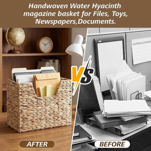 Water Hyacinth Magazine Basket, Dual Compartment Storage Basket with Handle, Natural Fiber Wicker Storage Baskets for Shelves Home Organization & Office Organizer in Saudi Arabia