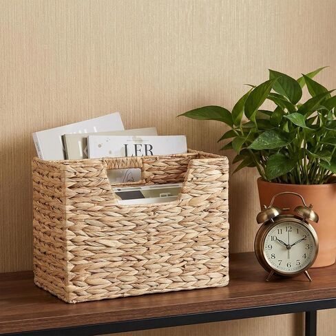 Water Hyacinth Magazine Basket, Dual Compartment Storage Basket with Handle, Natural Fiber Wicker Storage Baskets for Shelves Home Organization & Office Organizer in Saudi Arabia