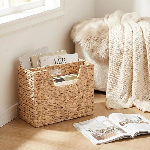 Water Hyacinth Magazine Basket, Dual Compartment Storage Basket with Handle, Natural Fiber Wicker Storage Baskets for Shelves Home Organization & Office Organizer in Saudi Arabia