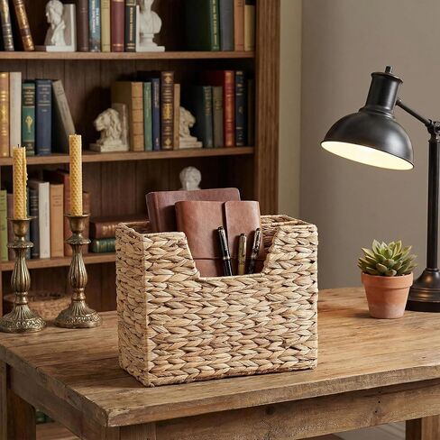 Water Hyacinth Magazine Basket, Dual Compartment Storage Basket with Handle, Natural Fiber Wicker Storage Baskets for Shelves Home Organization & Office Organizer in Saudi Arabia
