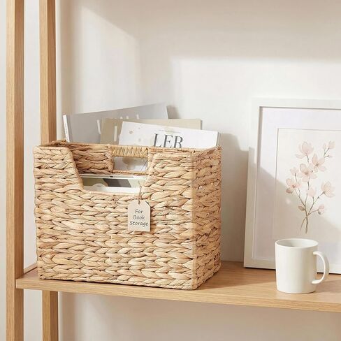 Water Hyacinth Magazine Basket, Dual Compartment Storage Basket with Handle, Natural Fiber Wicker Storage Baskets for Shelves Home Organization & Office Organizer in Saudi Arabia