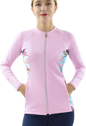 Private Island Women UPF 50+ Rash Guard Front Zip Up UV Long Sleeve Swimsuit Top (JZWRGT) in Kuwait
