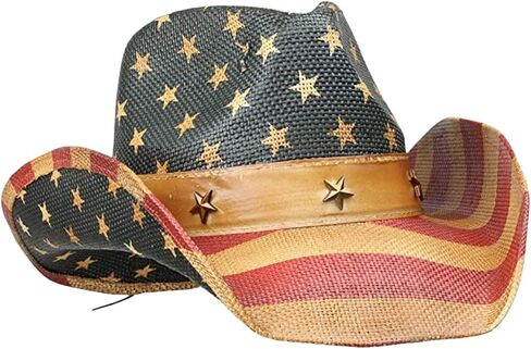 Men’s Vintage Tea-Stained USA American Flag Cowboy Hat w/Western Shape-It Brim in Kuwait