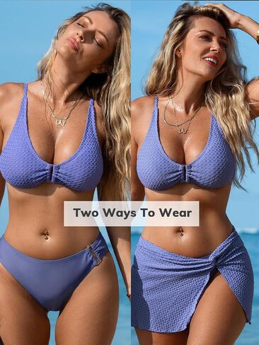 CUPSHE Women's 3 Piece Swimsuit Sexy Triangle Bikini Set with Twist Sarong Back Hook Mid Rise Bathing Suit Textured in Kuwait