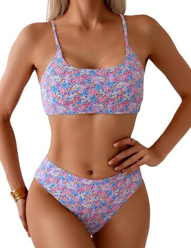 YIMISAN Women's Two Piece Swimsuit Floral Print Bikini Sets Spaghetti Straps Scoop Neck Mid Waist Cheeky Bathing Suit in Saudi Arabia