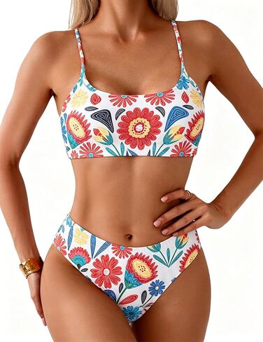 YIMISAN Women's Two Piece Swimsuit Floral Print Bikini Sets Spaghetti Straps Scoop Neck Mid Waist Cheeky Bathing Suit in Saudi Arabia