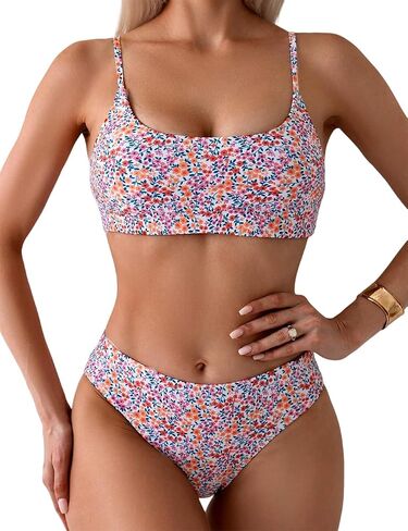 YIMISAN Women's Two Piece Swimsuit Floral Print Bikini Sets Spaghetti Straps Scoop Neck Mid Waist Cheeky Bathing Suit in Saudi Arabia