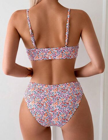 YIMISAN Women's Two Piece Swimsuit Floral Print Bikini Sets Spaghetti Straps Scoop Neck Mid Waist Cheeky Bathing Suit in Saudi Arabia