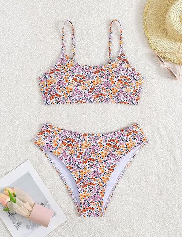 YIMISAN Women's Two Piece Swimsuit Floral Print Bikini Sets Spaghetti Straps Scoop Neck Mid Waist Cheeky Bathing Suit in Saudi Arabia