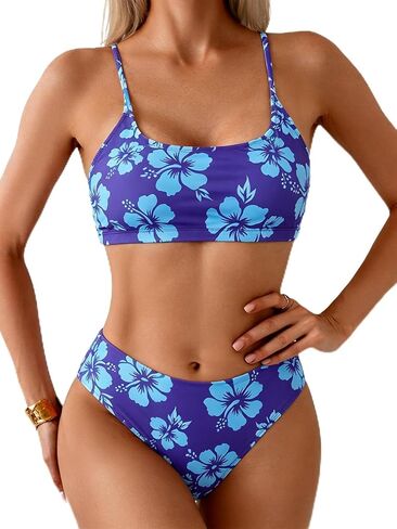 YIMISAN Women's Two Piece Swimsuit Floral Print Bikini Sets Spaghetti Straps Scoop Neck Mid Waist Cheeky Bathing Suit in Saudi Arabia