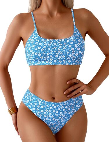 YIMISAN Women's Two Piece Swimsuit Floral Print Bikini Sets Spaghetti Straps Scoop Neck Mid Waist Cheeky Bathing Suit in Saudi Arabia