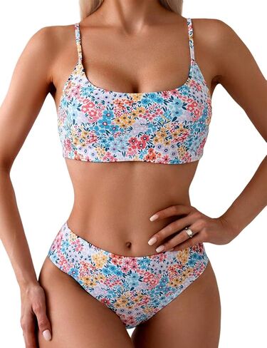 YIMISAN Women's Two Piece Swimsuit Floral Print Bikini Sets Spaghetti Straps Scoop Neck Mid Waist Cheeky Bathing Suit in Saudi Arabia