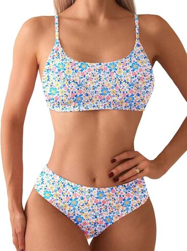 YIMISAN Women's Two Piece Swimsuit Floral Print Bikini Sets Spaghetti Straps Scoop Neck Mid Waist Cheeky Bathing Suit in Saudi Arabia