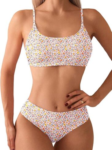 YIMISAN Women's Two Piece Swimsuit Floral Print Bikini Sets Spaghetti Straps Scoop Neck Mid Waist Cheeky Bathing Suit in Saudi Arabia