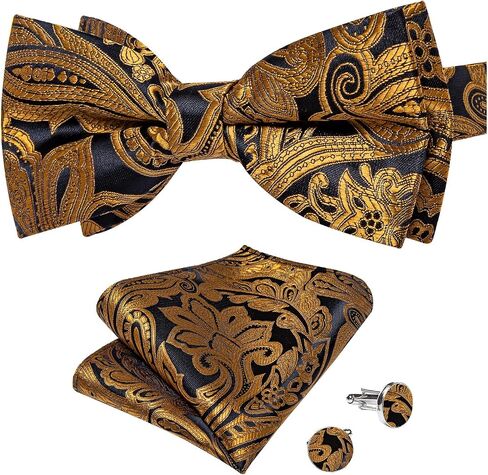 DiBanGu Silk Paisley Bow Tie for Men Soild Pre-tied Bowtie and Jacquard Woven Pocket Square Cufflinks Set for Wedding Party in Kuwait
