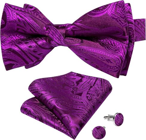 DiBanGu Silk Paisley Bow Tie for Men Soild Pre-tied Bowtie and Jacquard Woven Pocket Square Cufflinks Set for Wedding Party in Kuwait