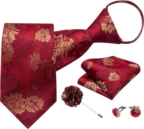 DiBanGu Mens Adjustable Zipper Tie Set Paisley Pre-tied Tie | Mens Zipper Ties For Men, Paisley Silk Tie with Pocket Square, Lapel Pin Cufflinks, Wedding Business, in Kuwait