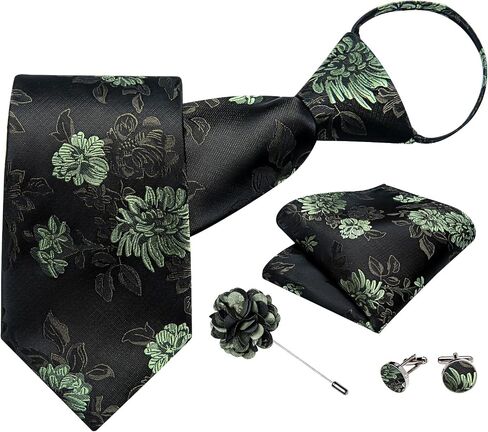 DiBanGu Mens Adjustable Zipper Tie Set Paisley Pre-tied Tie | Mens Zipper Ties For Men, Paisley Silk Tie with Pocket Square, Lapel Pin Cufflinks, Wedding Business, in Kuwait