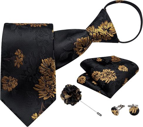 DiBanGu Mens Adjustable Zipper Tie Set Paisley Pre-tied Tie | Mens Zipper Ties For Men, Paisley Silk Tie with Pocket Square, Lapel Pin Cufflinks, Wedding Business, in Kuwait