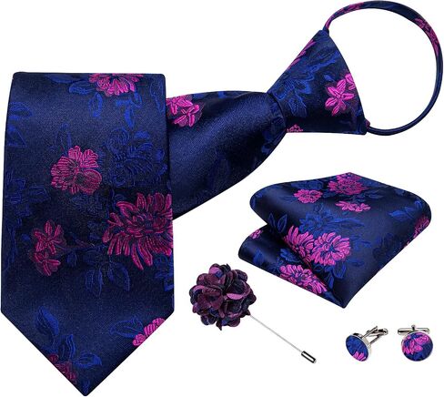 DiBanGu Mens Adjustable Zipper Tie Set Paisley Pre-tied Tie | Mens Zipper Ties For Men, Paisley Silk Tie with Pocket Square, Lapel Pin Cufflinks, Wedding Business, in Kuwait