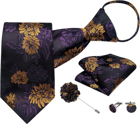 DiBanGu Mens Adjustable Zipper Tie Set Paisley Pre-tied Tie | Mens Zipper Ties For Men, Paisley Silk Tie with Pocket Square, Lapel Pin Cufflinks, Wedding Business, in Kuwait