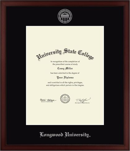 Longwood University 11" w x 14" h Diploma Frame - Fits a bachelor's and master's - Silver Embossed Diploma Frame - Cherry Moulding with Black Matting - Officially Licensed in Kuwait