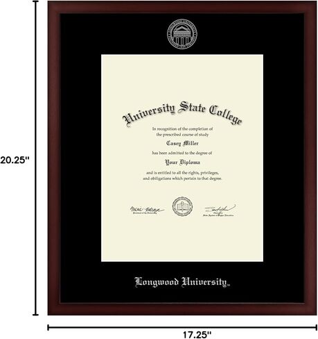 Longwood University 11" w x 14" h Diploma Frame - Fits a bachelor's and master's - Silver Embossed Diploma Frame - Cherry Moulding with Black Matting - Officially Licensed in Kuwait
